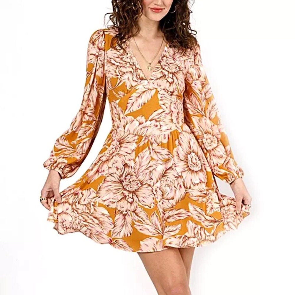 Band of the Free Floral V-Neck Mini Dress Ochre Orange Boho Long Sleeve XS NEW